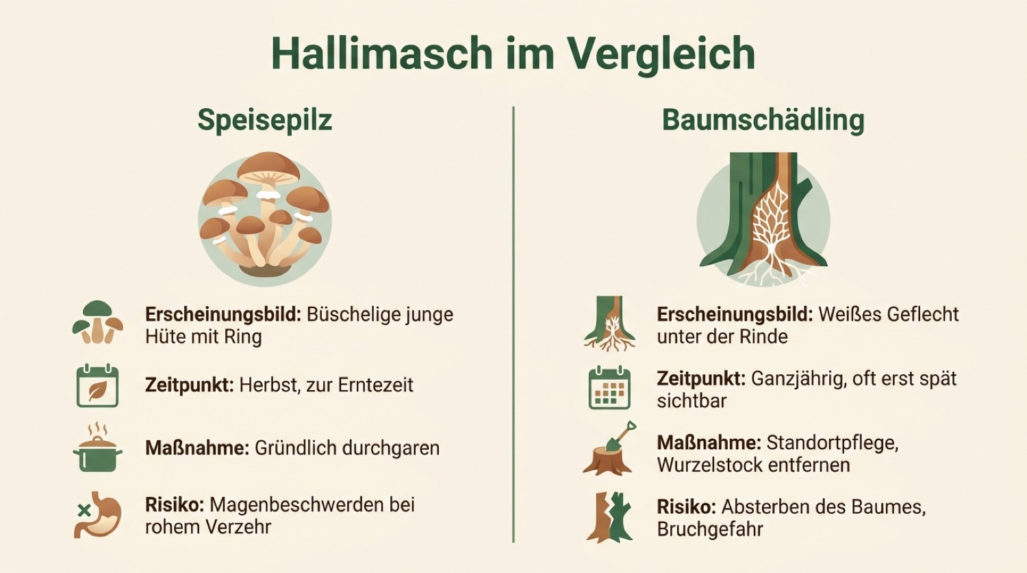 Infografik zum Vergleich von Hallimasch als Speisepilz und als Baumschädling