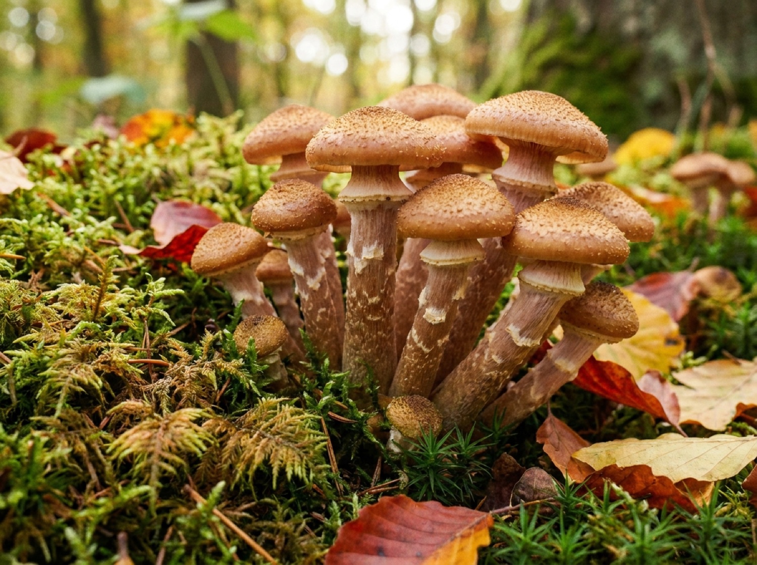 Nahaufnahme junger Hallimasch-Hüte mit Ring am Stiel auf Waldboden