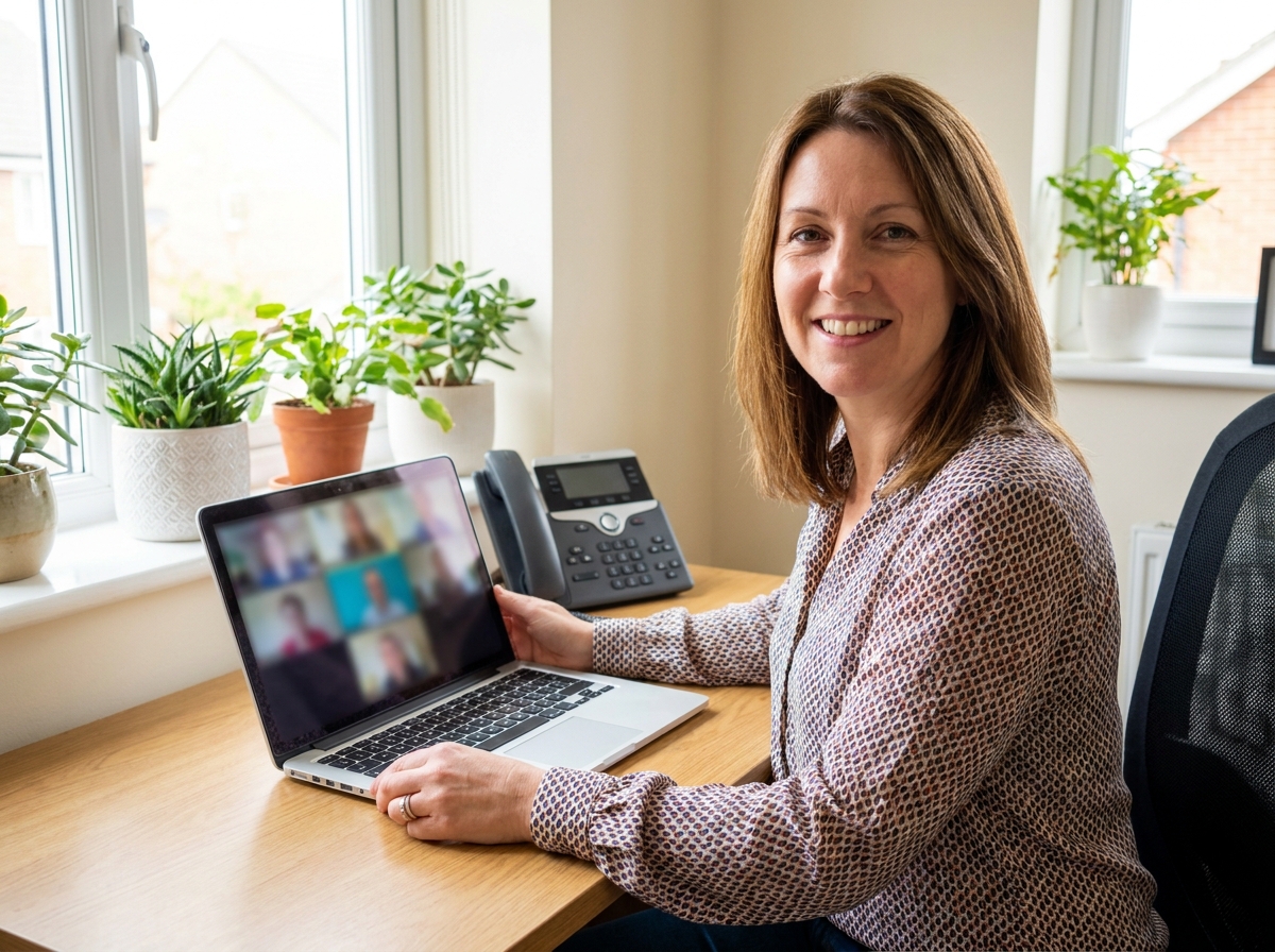 Mitarbeiterin in einem Videocall am Laptop in einem kleinen Büro mit stabiler Internetverbindung