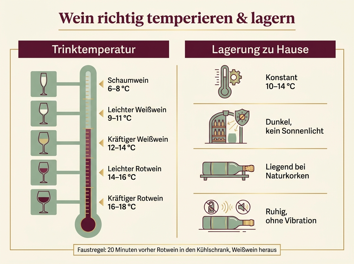 Infografik mit Trinktemperaturen für Schaumwein, Weißwein und Rotwein sowie Regeln zur Weinlagerung zu Hause